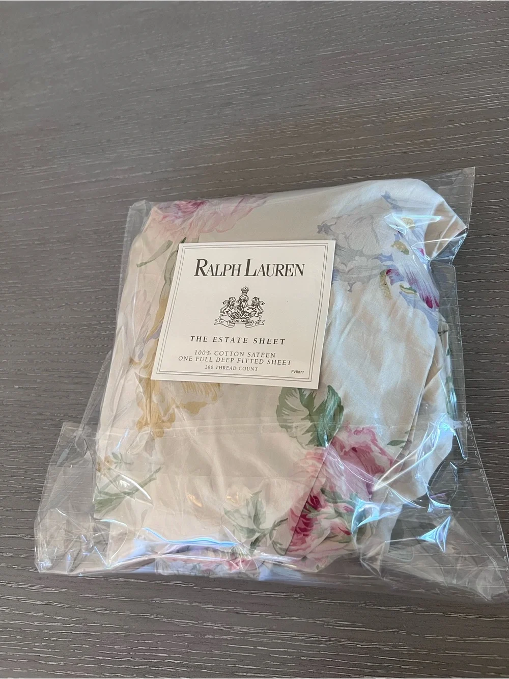 Ralph Lauren Cream Fitted Sheet with Pink Floral and Green Leaves